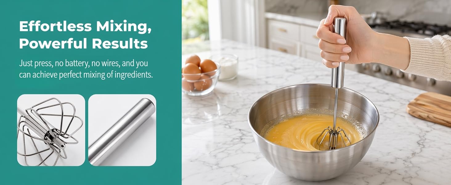 Just press, no battery, no wires, and you can achieve perfect mixing of ingredients.