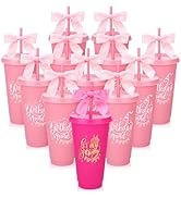 Ovveroche 12 Pcs Birthday Party Plastic Cups with Lids and Straws and Bows 24 oz Reusable Cups Tr...