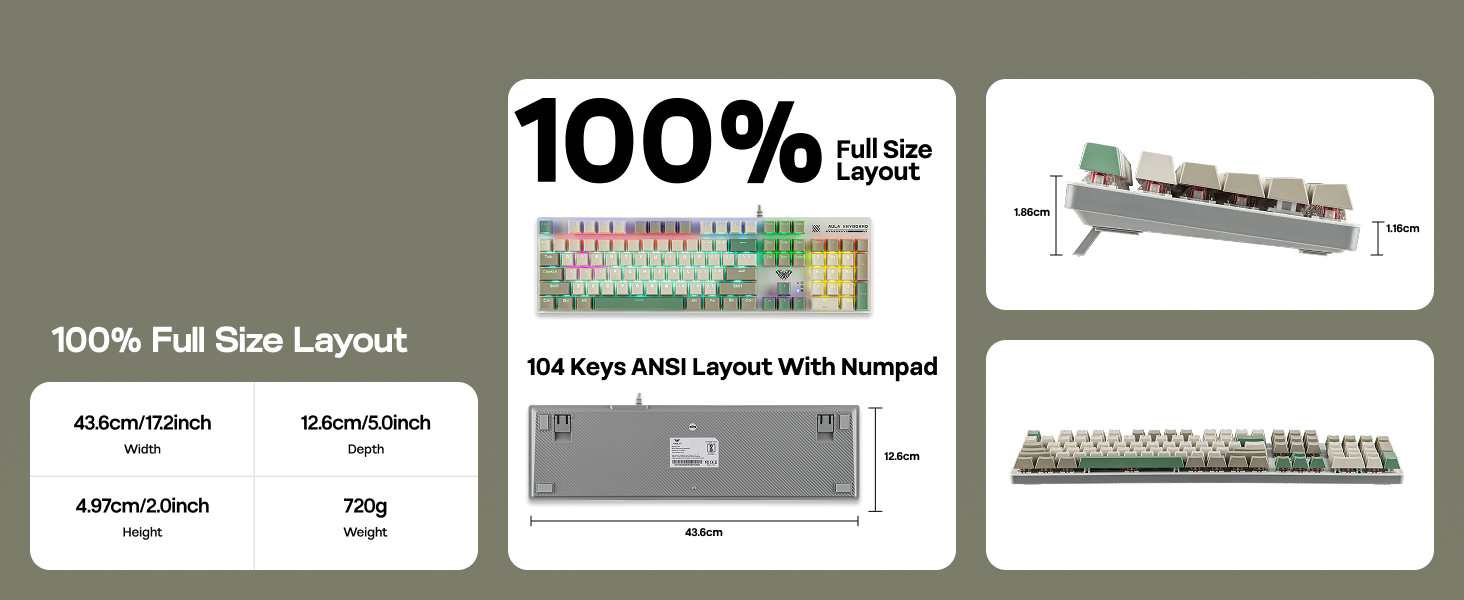 Text reads '100% Full Size Layout'. Technical diagram showing keyboard layout specifications with multiple views and measurements of a mechanical keyboard design.