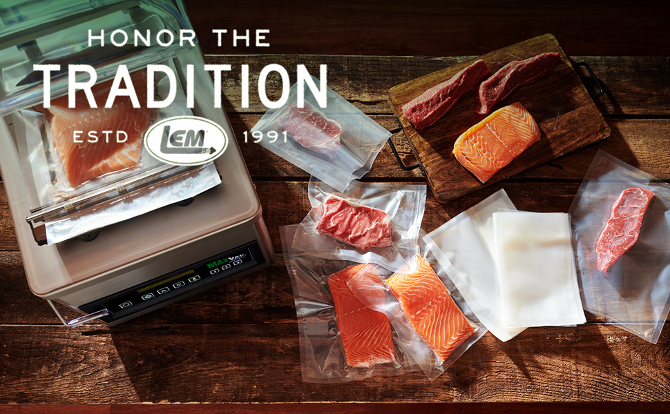 LEM Honor The Tradition Logo with vacuum sealer, sealer bags, fish, and meat