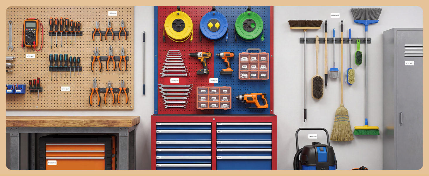 Organized garage storage system featuring pegboard walls, tool holders, cabinets and drawers in red and blue colors. Shows efficient workshop organization solutions.