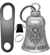 Silver bell-shaped motorcycle guardian bell with embossed angel design and 'RIDE SAFELY LOVE YOU' text. Includes keyring, mounting bracket, and storage pouch.