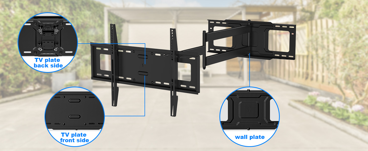 Full-motion TV wall mount bracket showing three positions - flat against wall, extended outward, and tilted angle. Features black metal construction with articulating arm.