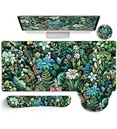LIMKRIAN Green Plant Mouse Pad Large Desk Mat Set, Floral Ergonomic Mouse Pad with Wrist Rest Key...