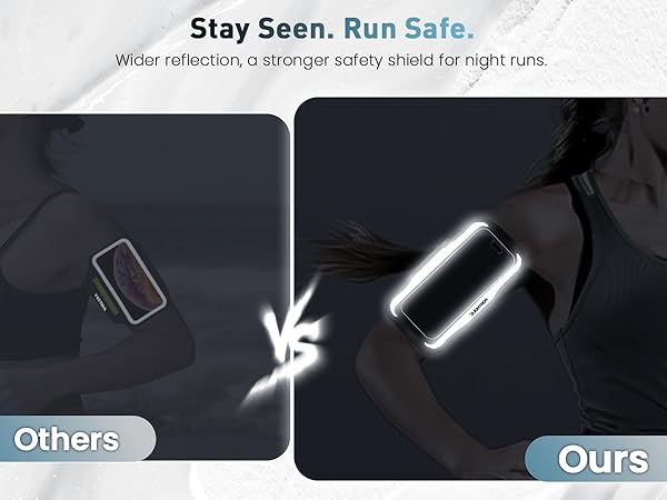 Text reads: 'Stay Safe, Run Safe'. Side-by-side comparison showing nighttime visibility, with reflective safety features highlighted in dark conditions.
