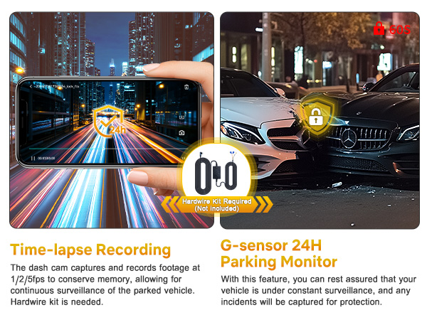 Dual-panel image of dashcam features: time-lapse recording of city traffic and G-sensor 24h parking monitor with car icon and protection symbol.