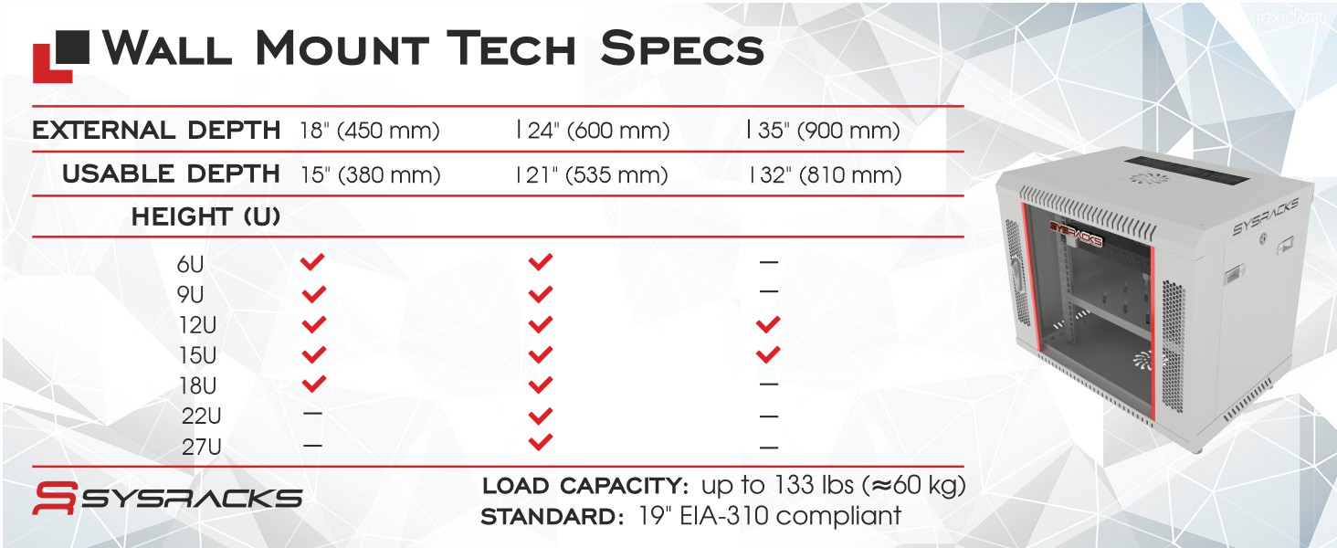 wall mount tech specs table SRW SERIES 9U