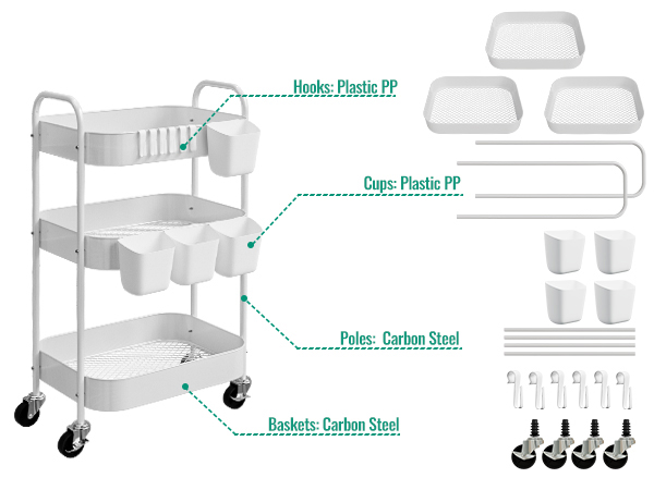 3-Tier Metal Rolling Cart 
