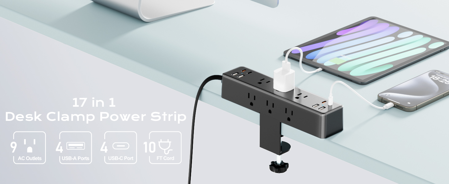 17-in-1 Desk Clamp Power Strip with 40W Fast Charging Station, 10ft Flat Plug Surge Protector