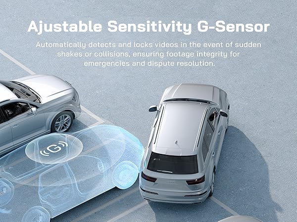 Illustration of adjustable sensitivity G-Sensor for cars, depicting automatic detection and locking of video footage during sudden shakes or collisions for emergency and dispute resolution purposes.