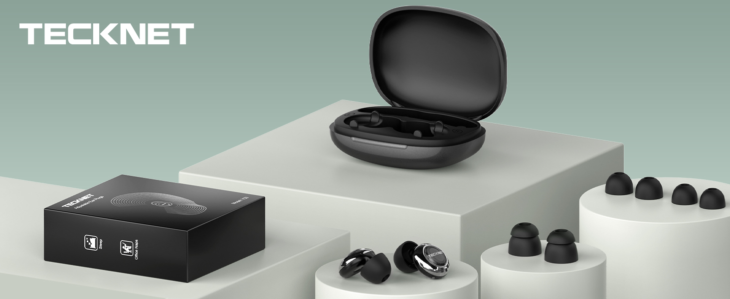 Text reads 'TECKNET'. Product photo showing black wireless earbuds with charging case and multiple ear tip sizes displayed on gray background.