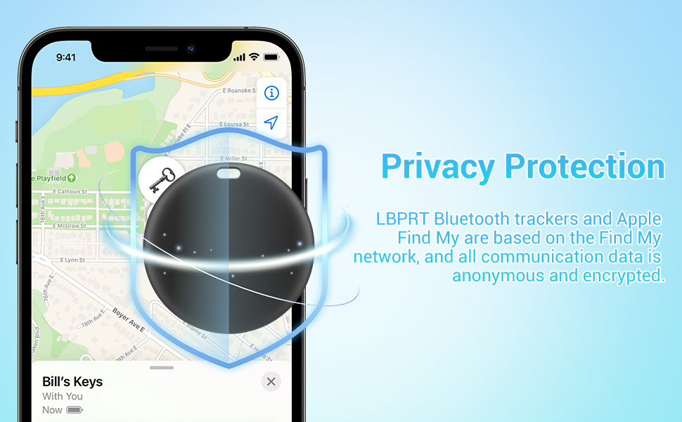 Text reads 'Privacy Protection'. Mobile phone interface screenshots showing location privacy features and settings with blue map elements.