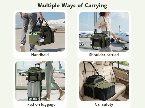 Text reads 'Multiple Ways of Carrying', 'Handheld', 'Shoulder carried', 'Fixed on luggage', 'Car safety'. Demonstration images showing various carrying positions for a green bag.
