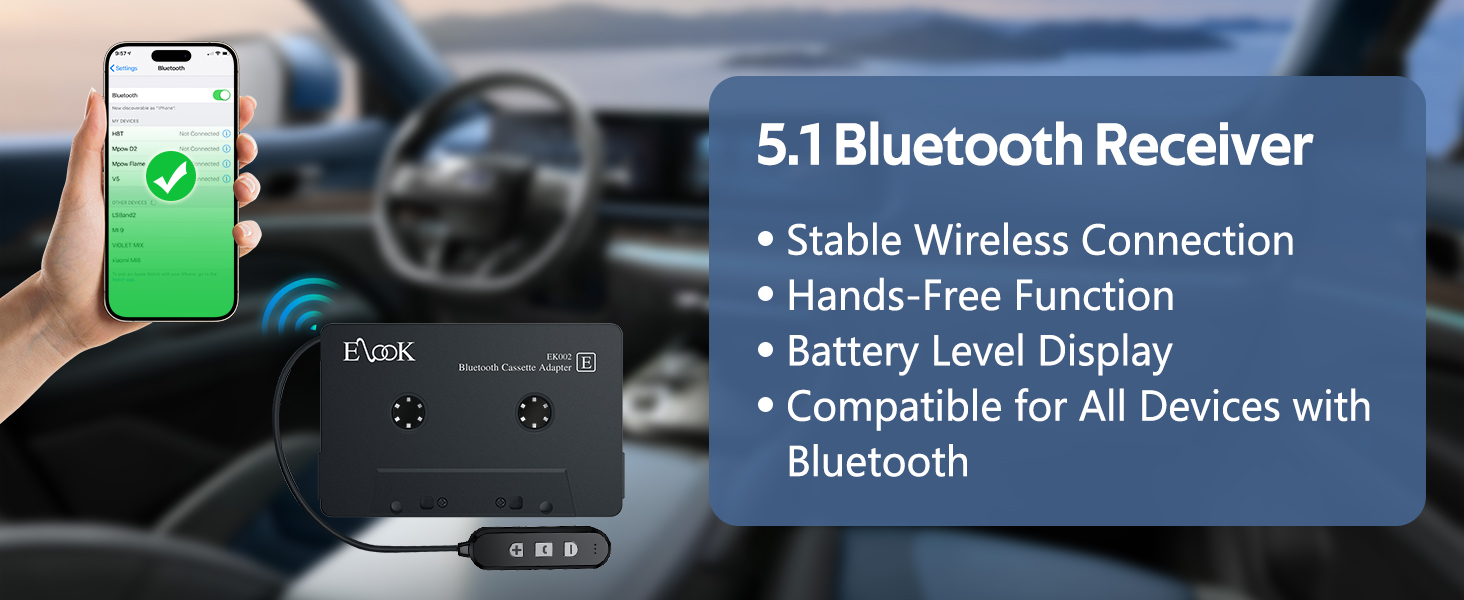 Cassette to Bluetooth Adapter for Car with Micro SD Card Support/Hands-Free Call