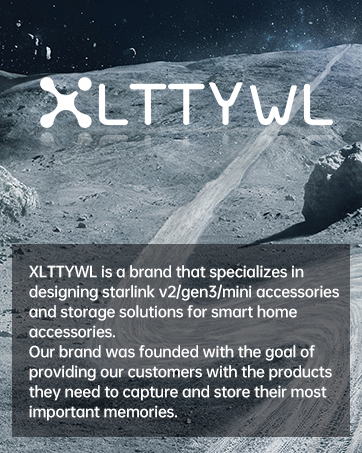XLTTYWL brand logo and text against lunar landscape background, describing their focus on Starlink accessories and smart home storage solutions.
