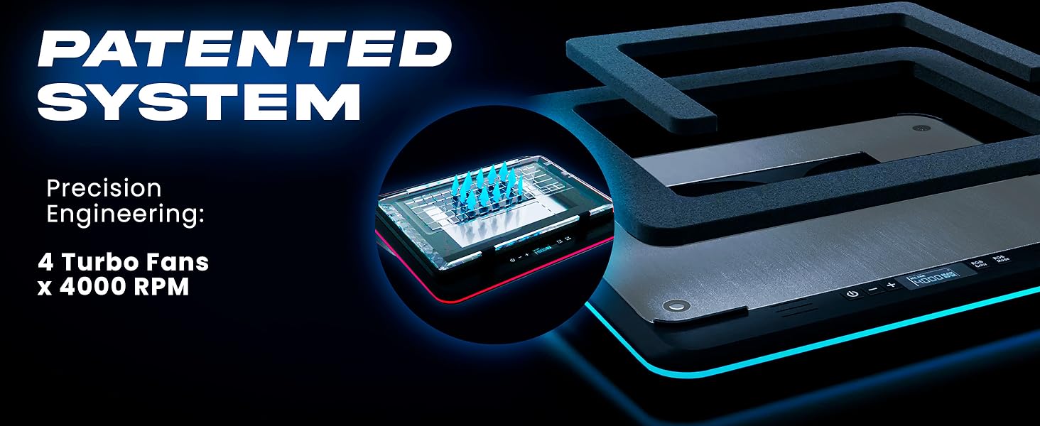 Text reads 'PATENTED SYSTEM', 'Precision Engineering:', '4 Turbo Fans', '4500 RPM'. Technical product diagram with blue illuminated details on black background.
