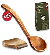 Premium Teak Wooden Soup Ladle set With Long Handle for Pot &amp; Bowl – Heat Resistant Non-Stick Woo...