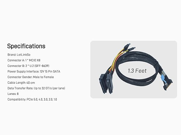 LetLinkSo Gen5 PCIe 5.0 MCIO x8 to U.2 SFF-8639 8i NVMe SSD Connector Adapter Cable 