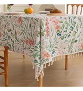 Erbnaryx Designer Green Tablecloth for Square Tables,Fringed Edges with Leaves and Flowers Patter...