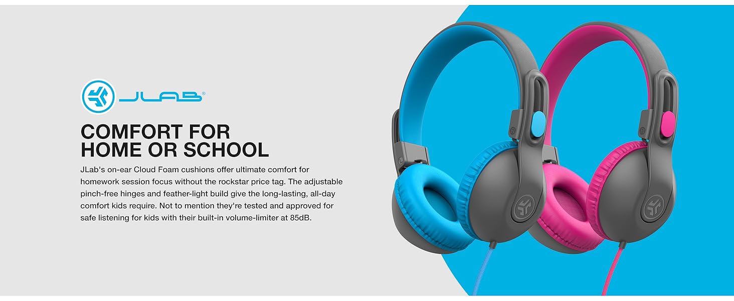 rendering of blue and pink JBuddies Headphones next to a text block