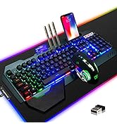 Wireless Gaming Keyboard Mouse &amp; Mouse Pad Combo,3 in 1 Rainbow Backlit Rechargeable Keyboard wit...