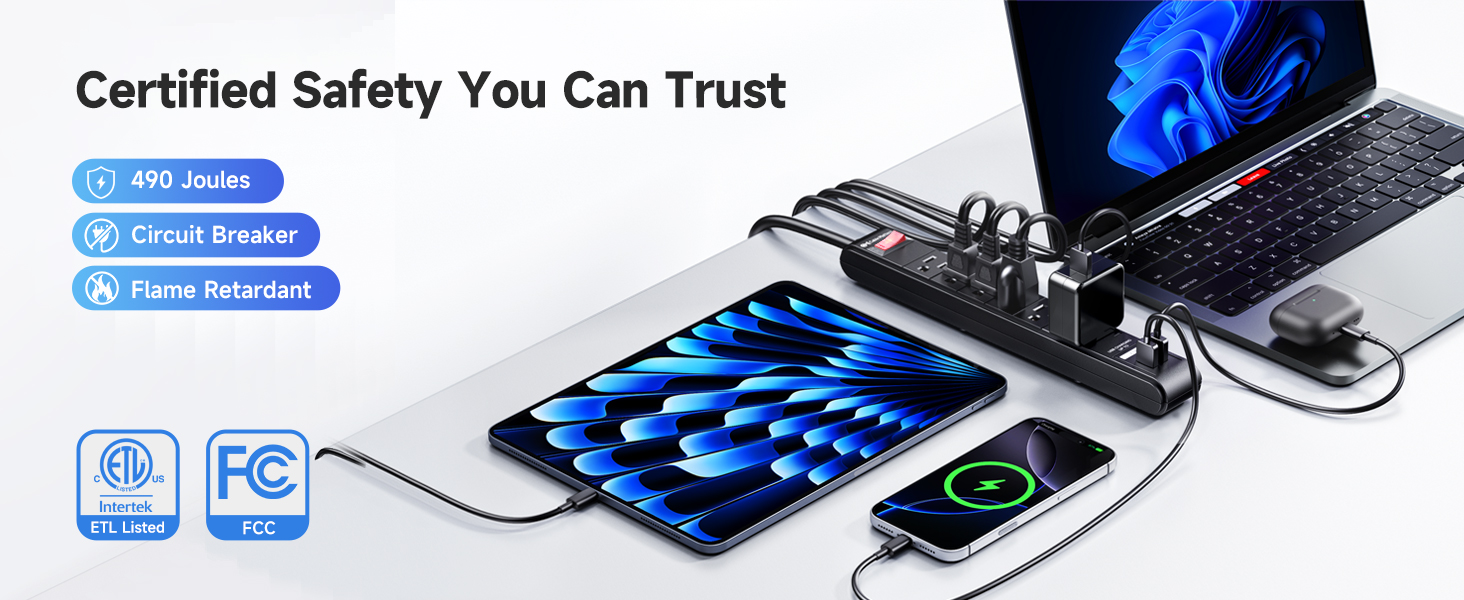 Two black Cable Matters surge protectors with six outlets, USB ports, and 8ft cords