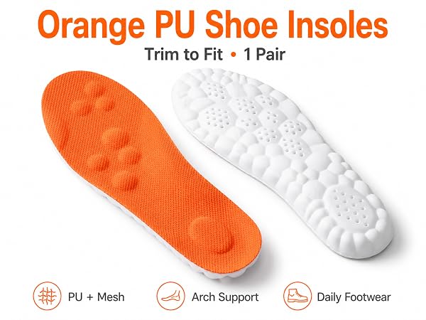 Orange PU shoe insoles with mesh top and white cushion base, trim-to-fit 1 pair