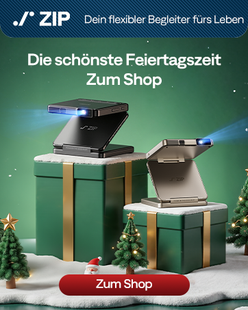 Text reads 'Image 4' and 'ZIP' with tagline 'Dein flexibler Begleiter fürs Leben'. Marketing images showing gift boxes against green backgrounds with winter/holiday theme.