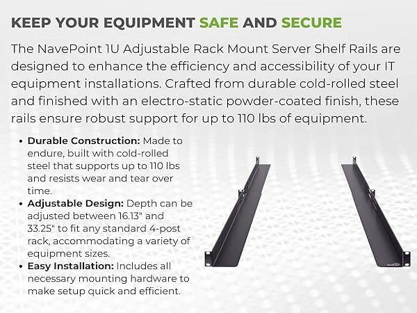 NavePoint 1U Adjustable Rack Mount Server Shelf Rails