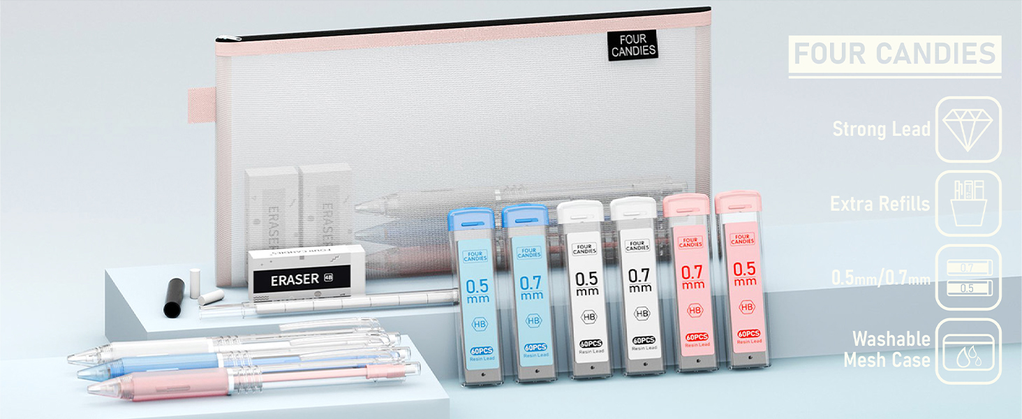 Four Candies Pastel Mechanical Pencil Set with Cute Case 0.5 0.7 mm 0.5mm 0.7mm school supplies