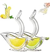 Progression of cocktail preparation showing lemon being squeezed into glass, mixing with clear liquid, and final garnished drinks with lemon slices and yellow garnish.