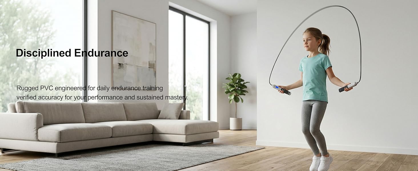 Young athlete training with multifun rugged PVC endurance jump rope in a minimalist home setting.