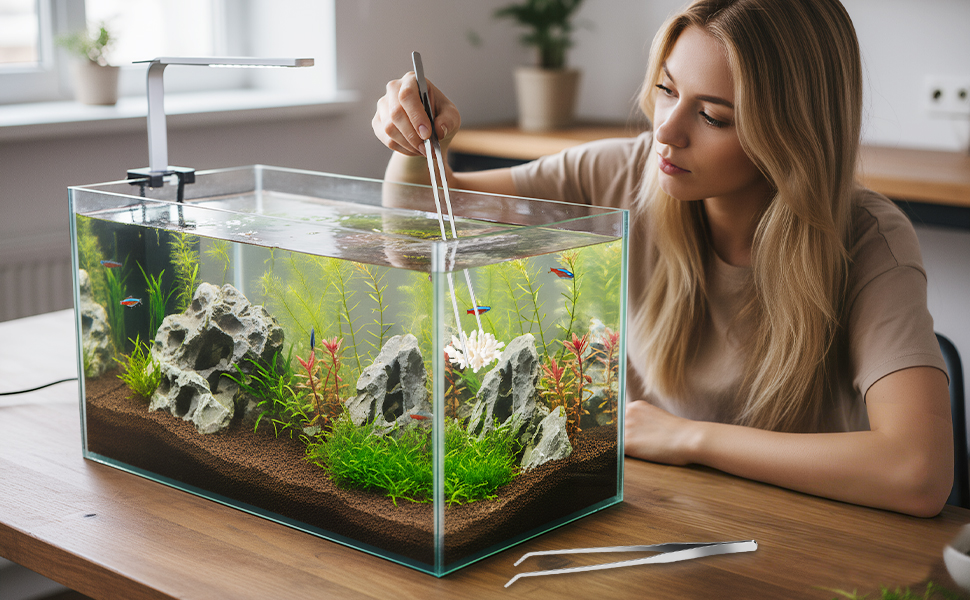 A woman uses long tweezers to tend to her planted aquarium