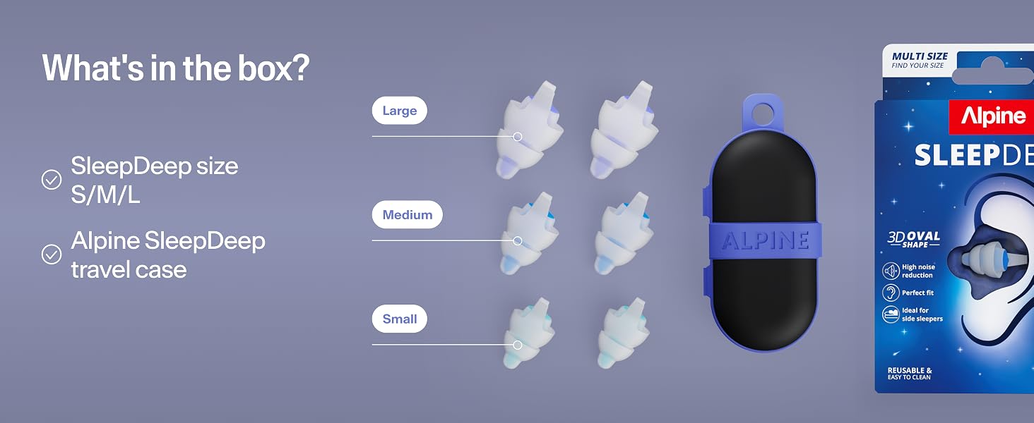lpine SleepDeep earplugs in Small, Medium, and Large sizes with travel case and multi-size packaging