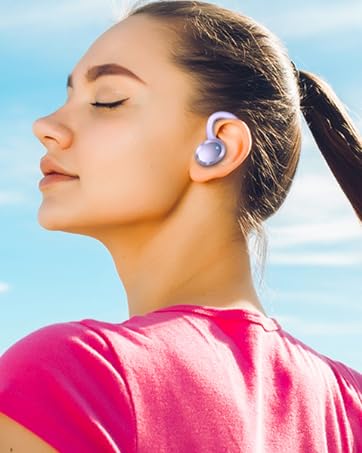 Rulefiss Q38 wireless earbuds. Features include 48d sound, 5.3 Bluetooth, 14.2MM drivers, and IP7 water resistance. Image shows a person wearing one earbud.