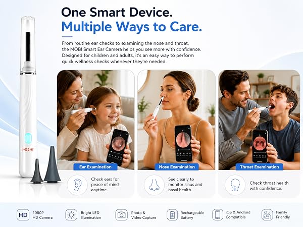 MOBI Smart Ear Camera shown with ear, nose, and throat examinations for children and adults.