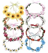 8 Pack Boho Flower Crowns Floral Wreath With Ribbon Halo Headbands Fairy Garland Wedding Bridal B...