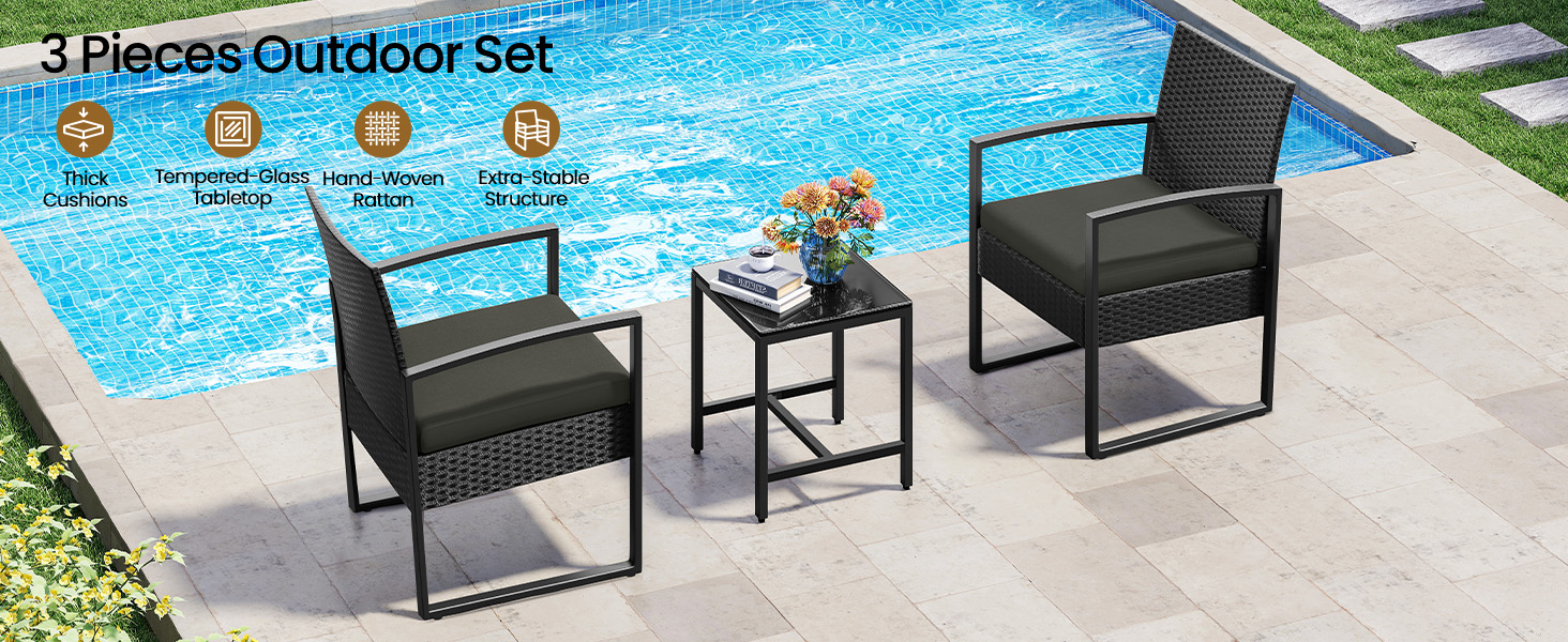  3-Piece Patio Set Rattan Chairs &amp; Table 