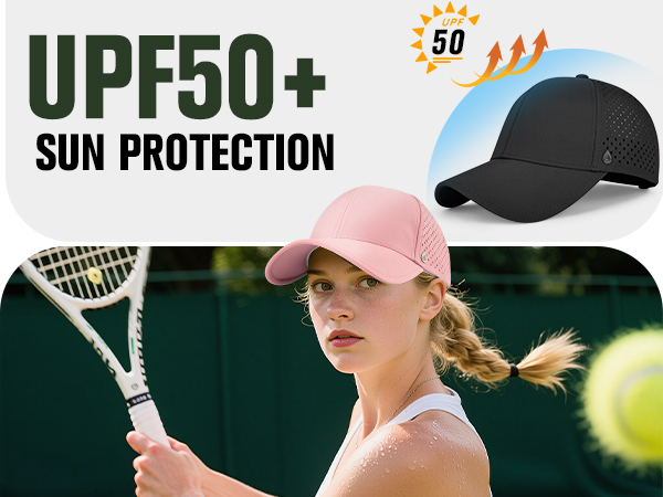UPF50+ sun protection baseball caps. Black cap with mesh panel shown. Image of person wearing pink cap while playing tennis, demonstrating sun protection during outdoor sports.