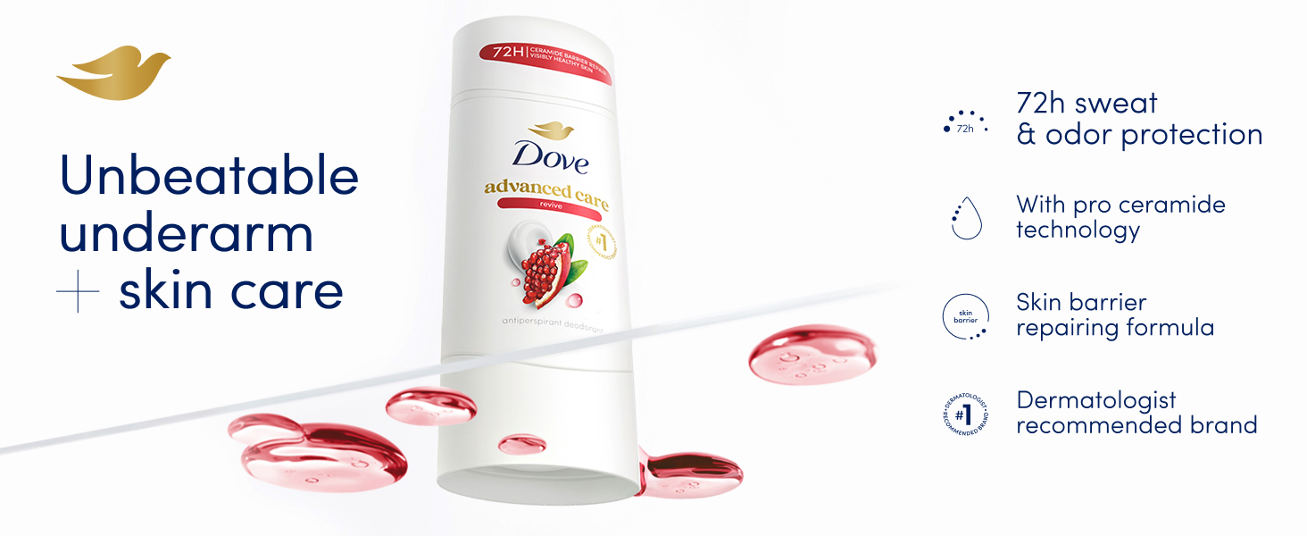 Dove&amp;#39;s Advance Care Revive antiperspirant stick next to product&amp;#39;s benefits.