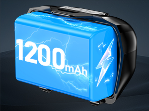 Blue rectangular battery pack with '1200mAh' and lightning bolt icon printed on its surface.
