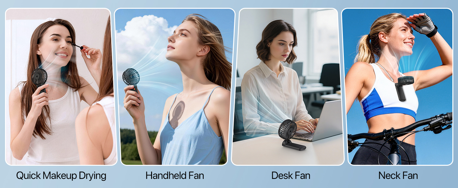 Text reads "Quick Makeup Drying", "Handheld Fan", "Desk Fan", "Neck Fan". Four product demonstration panels showing portable fan devices used for makeup drying, handheld cooling, desktop positioning, and wearable neck fan applications.