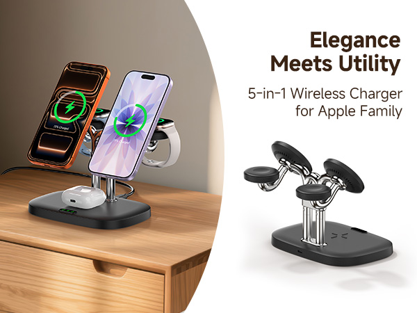 Text reads '5-in-1 Wireless Charger for Apple Family'. Multiple product views showing wireless charging station with phone and device mounting capabilities.