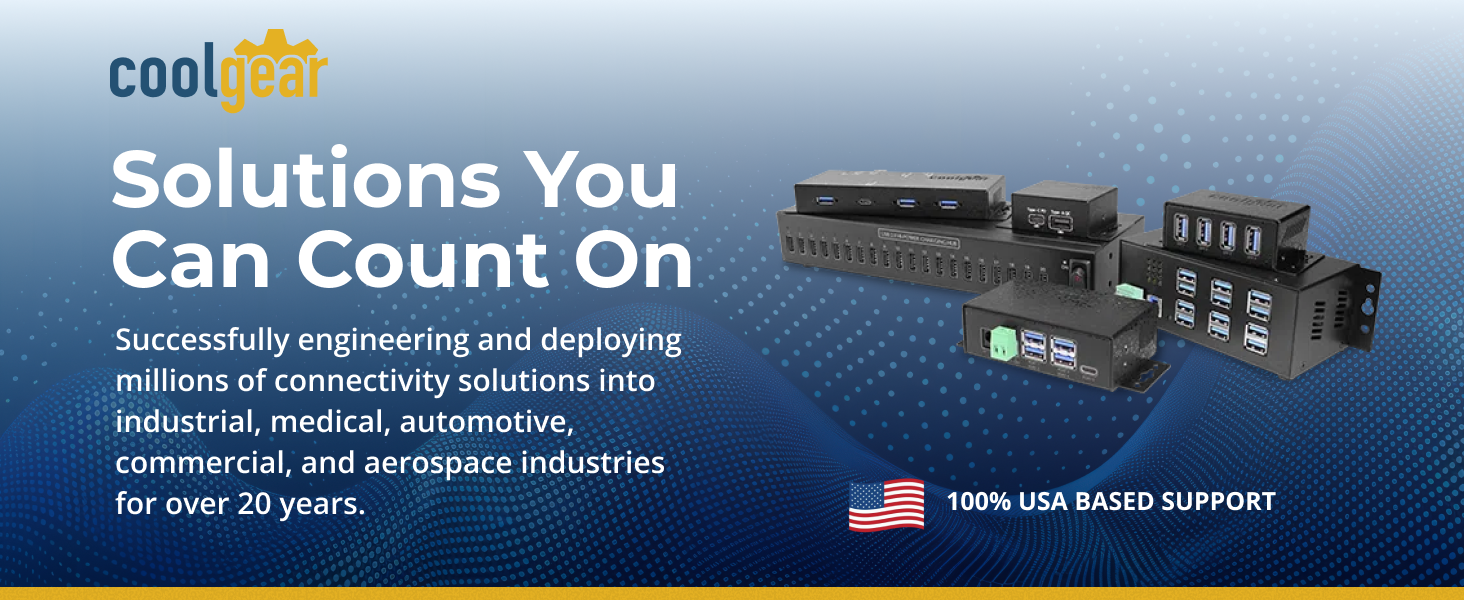 Coolgear industrial USB hubs and charging devices showcased with messaging about USA-based support