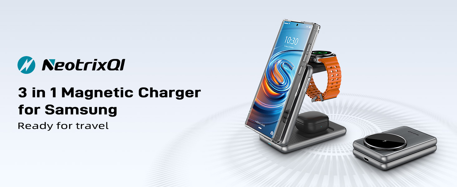 3-in-1 magnetic charger for Samsung devices. Includes stand for phone, charging pad for watch, and space for earbuds case. Foldable design for travel convenience.