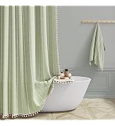BTTN Sage Green Farmhouse Shower Curtain, Boho Linen Striped Heavy Duty Fabric Shower Curtain Set...