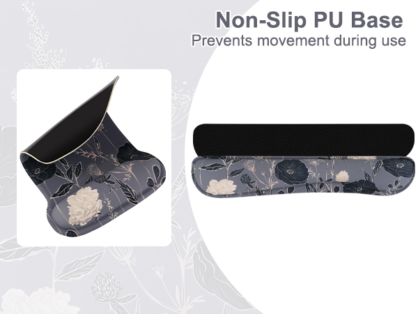 Text reads 'Non-Slip PU Base' 'Prevents movement during use'. Close-up images showing black non-slip base material and grip pattern.