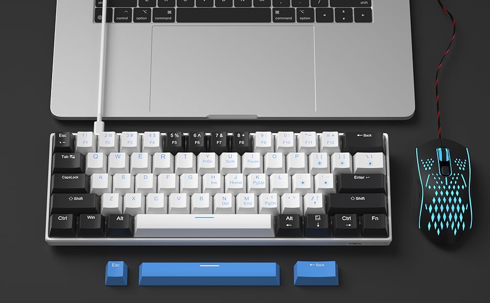 portable 60% mechanical brown switch gaming keyboard with blue backlit