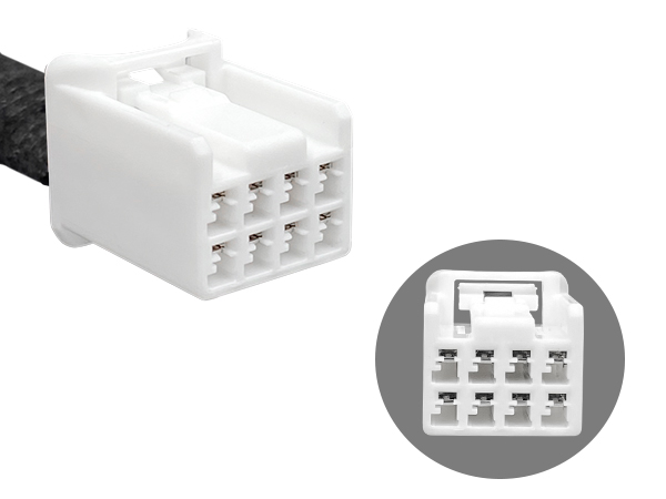 White plastic electrical connector with 8 pin sockets arranged in two rows. Attached to a black cable. Inset image shows connector face-on with visible pin arrangement.
