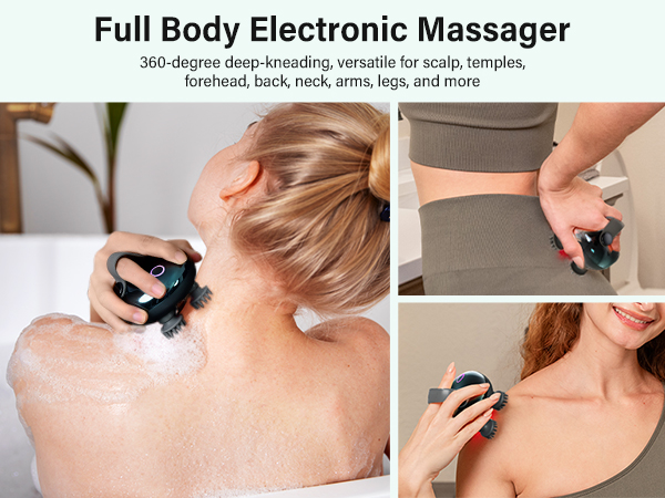 The head massager doubles as a full-body massager, providing relief for the neck, back, legs